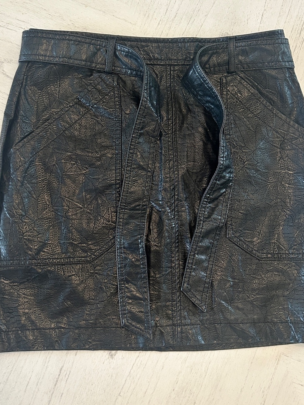 Shinestar Black Faux Leather Mini Skirt with Tie Belt